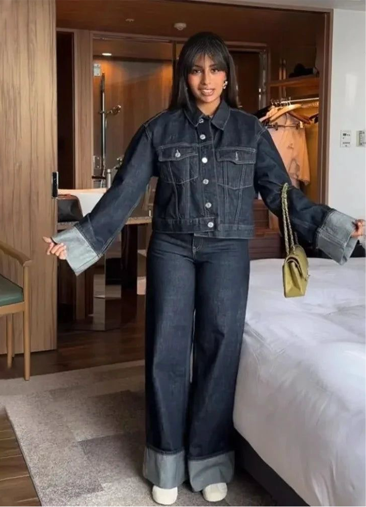 TALORA – COLLARED LONG SLEEVES DENIM TWO-PIECE SET