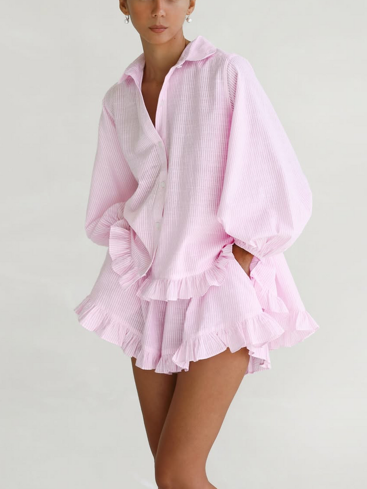 CARISMA™ | STRIPED BUBBLE SLEEVE & RUFFLE SHORTS SET