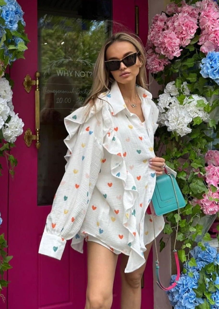 OPHELIE – HEART PRINT SHIRT & SHORTS TWO-PIECE SET