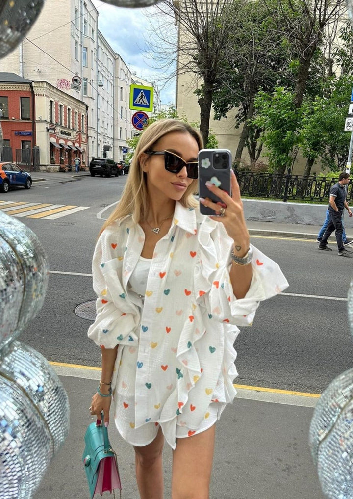 OPHELIE – HEART PRINT SHIRT & SHORTS TWO-PIECE SET