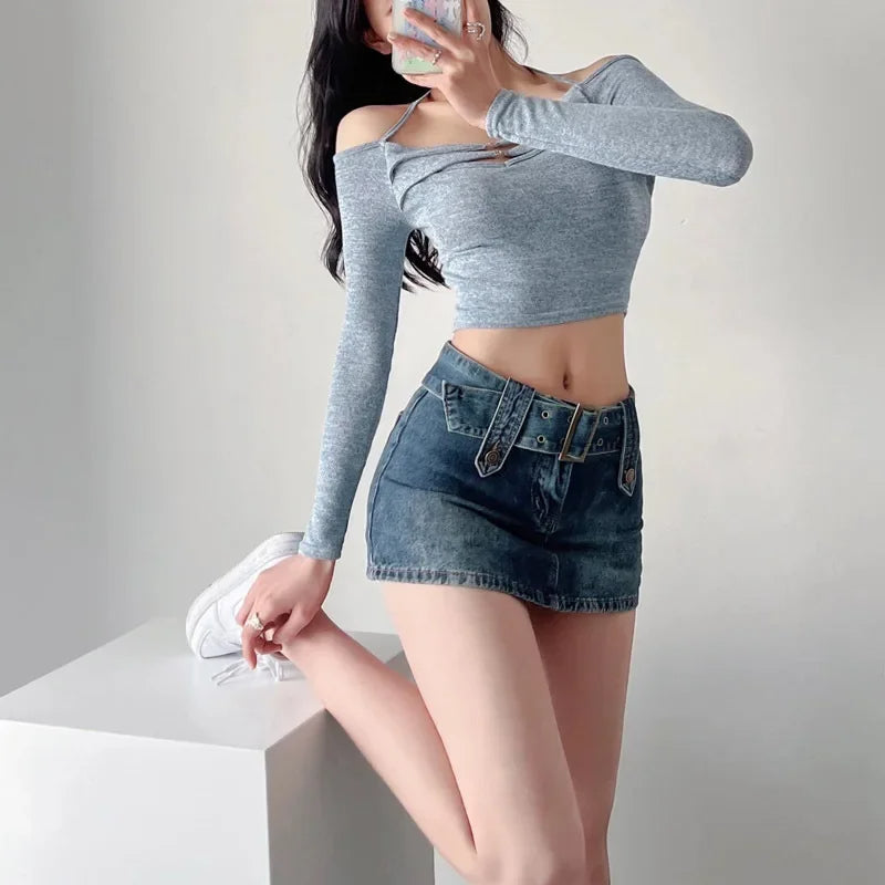 Vixen Belted Denim Mini Skirt