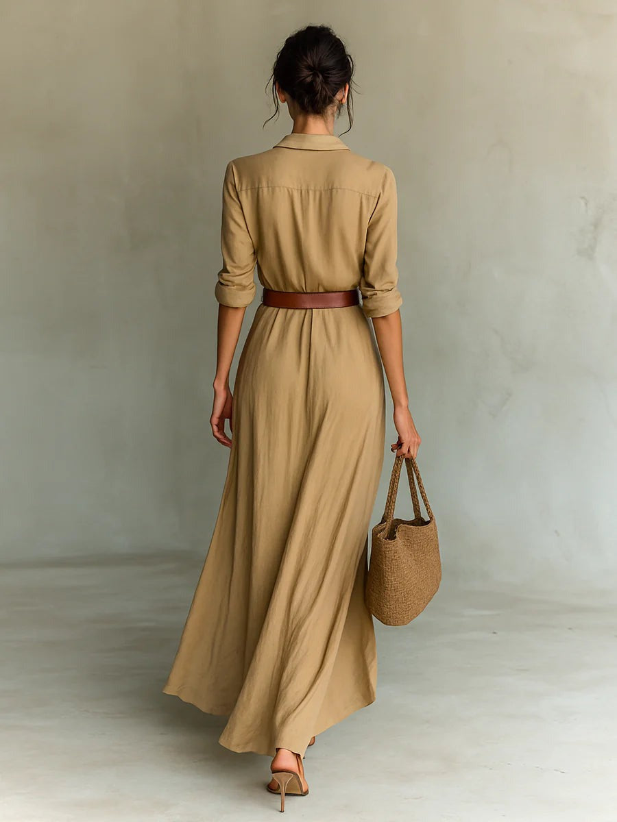 Selvianne™ | Long Belted Dress with Sleeves