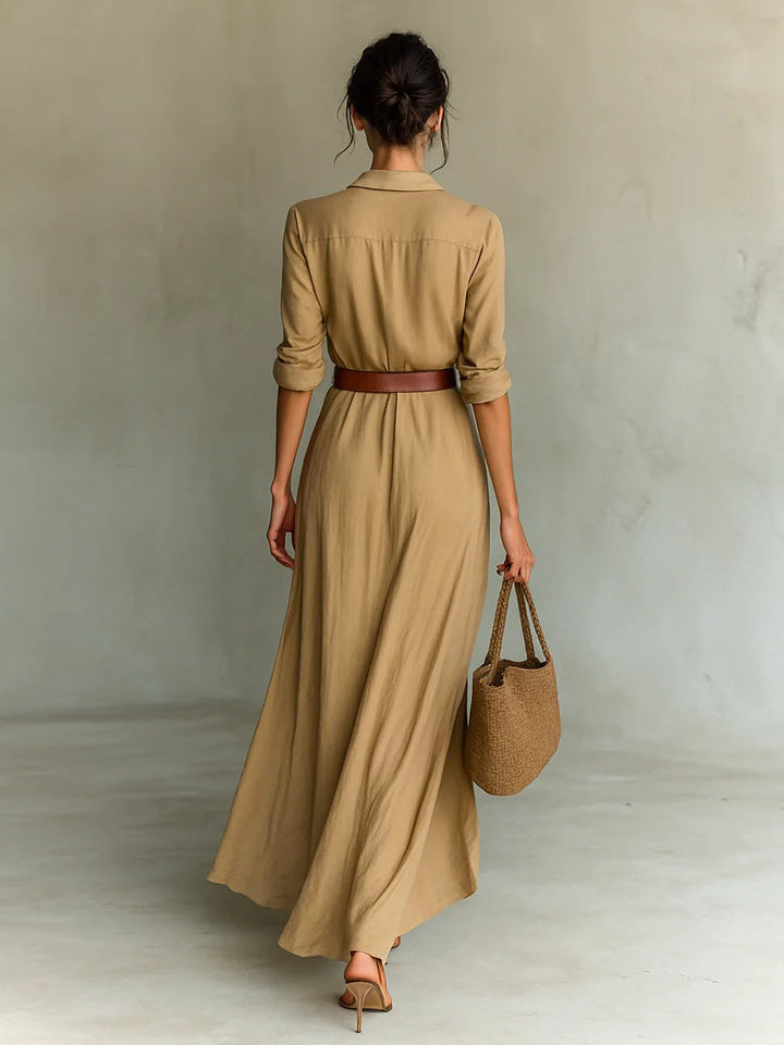 Selvianne™ | Long Belted Dress with Sleeves