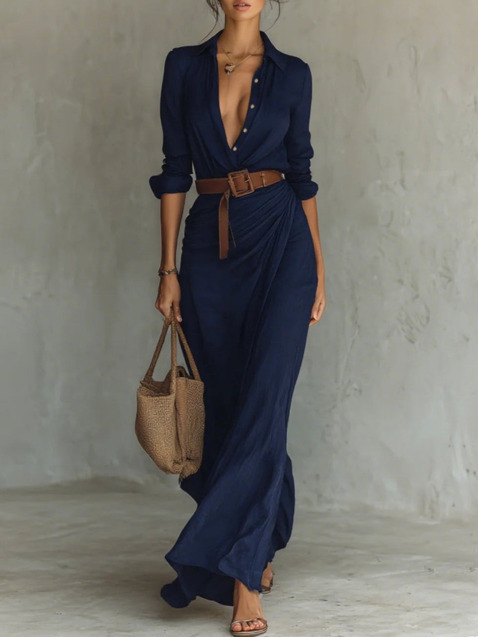 Selvianne™ | Long Belted Dress with Sleeves