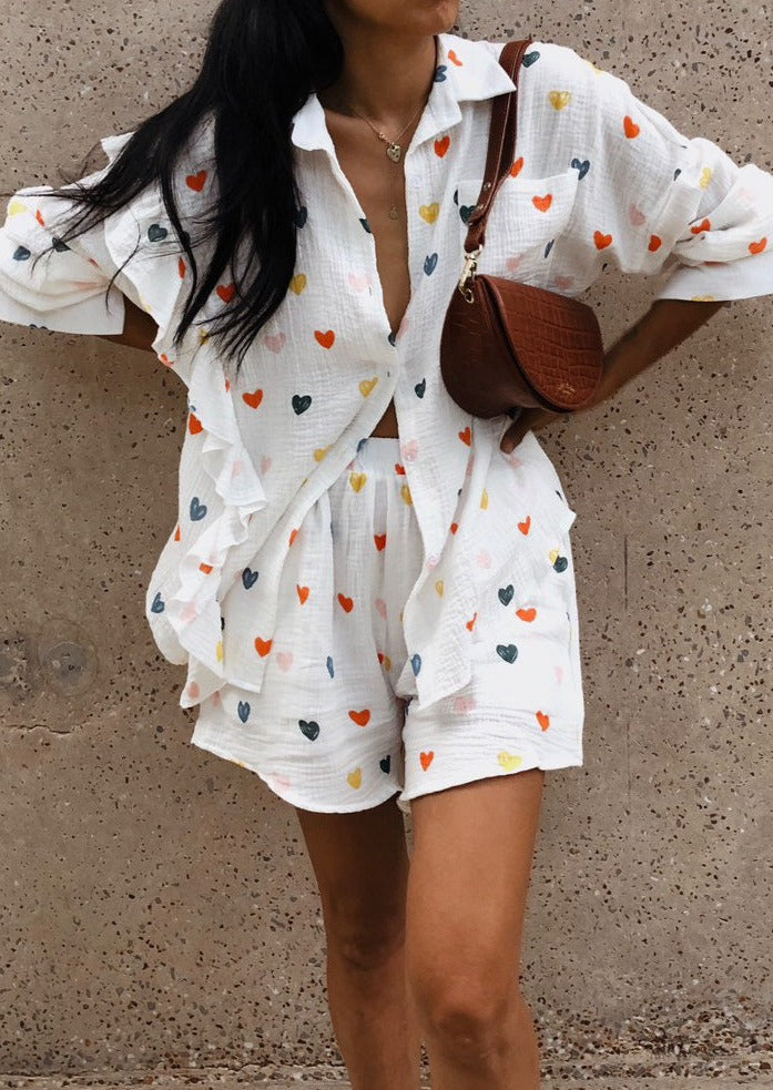 OPHELIE – HEART PRINT SHIRT & SHORTS TWO-PIECE SET