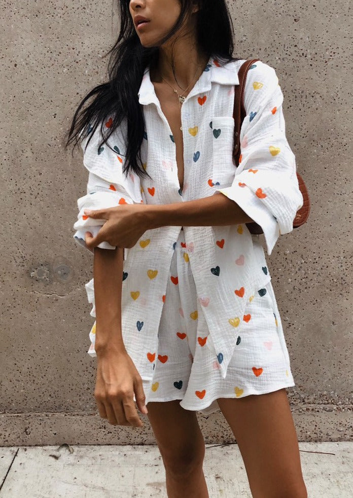 OPHELIE – HEART PRINT SHIRT & SHORTS TWO-PIECE SET