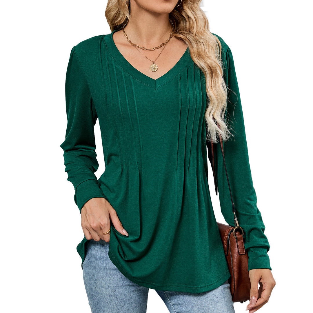 Emelina™ | Pleated V-Neck Long Sleeve Top