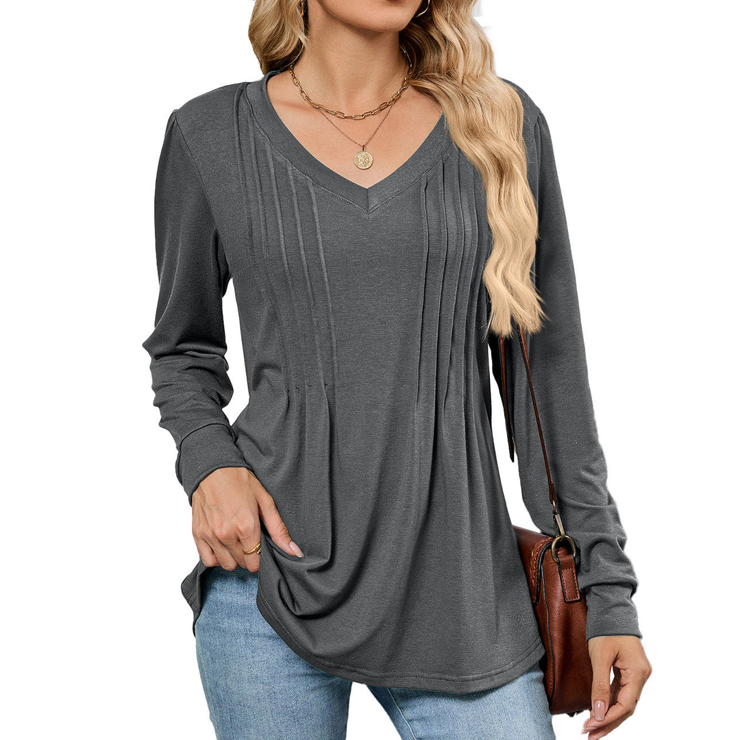Emelina™ | Pleated V-Neck Long Sleeve Top