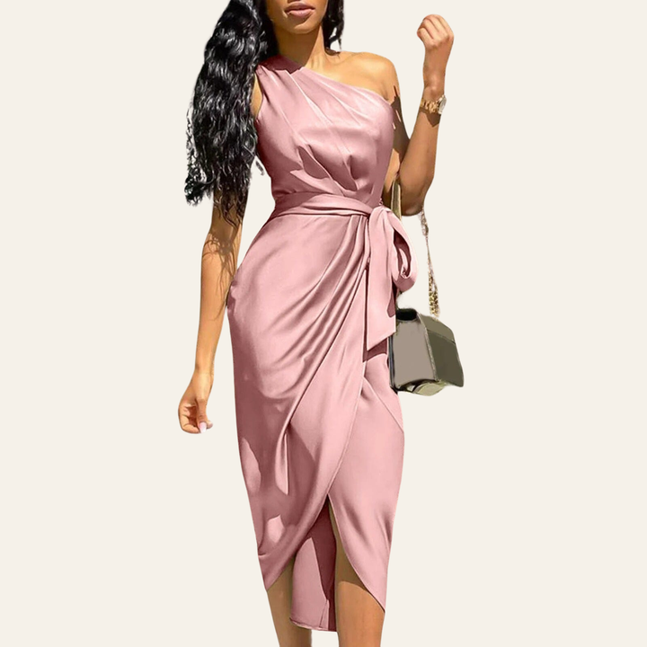 ARIELLE | SILK ASYMMETRIC RUFFLE MAXI DRESS