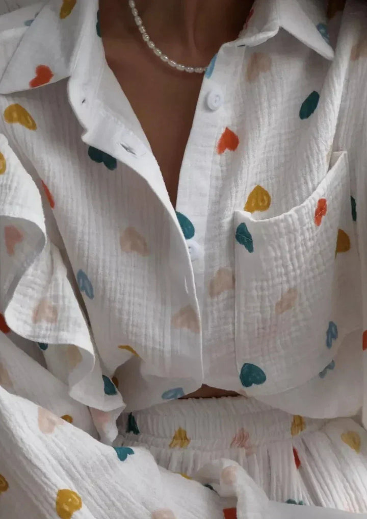 OPHELIE – HEART PRINT SHIRT & SHORTS TWO-PIECE SET